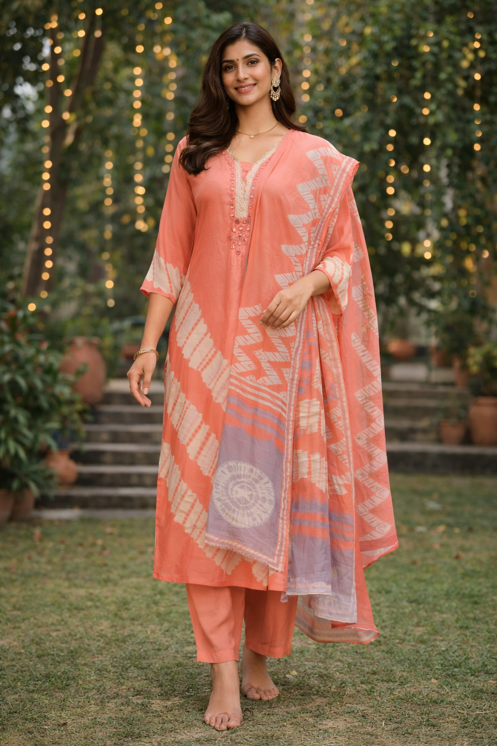 Peach Tie-Dye Printed Kurta Set with Pants & Dupatta